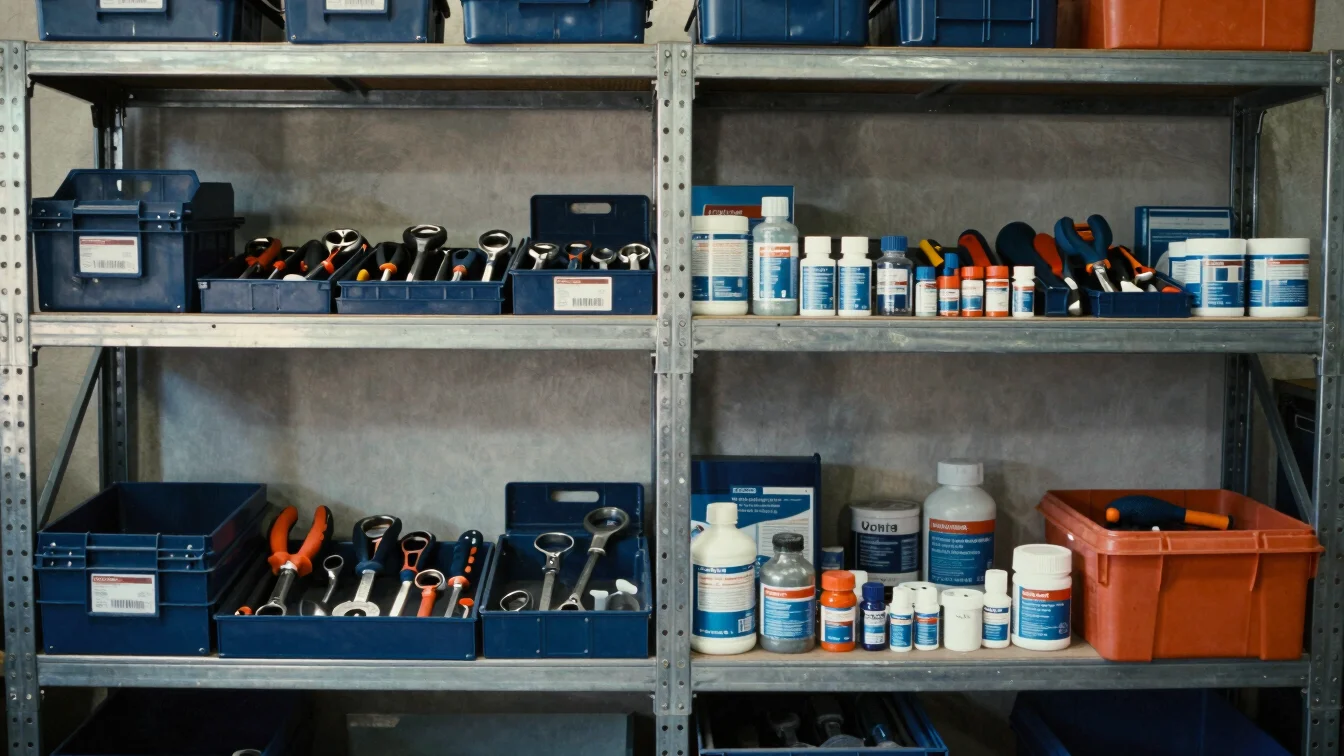 Realistic industrial hand tools and consumable supplies arranged