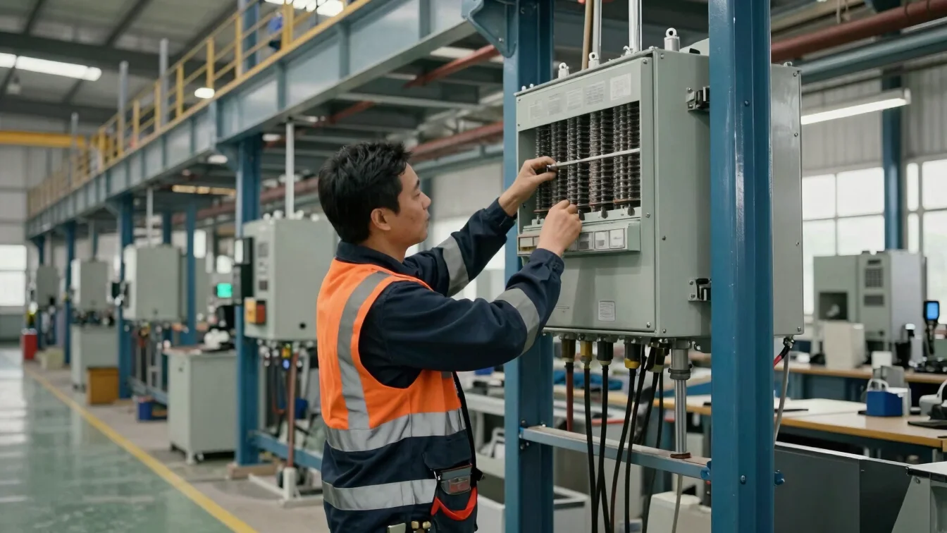 Engineer installing electrical equipment inside a factory buildin