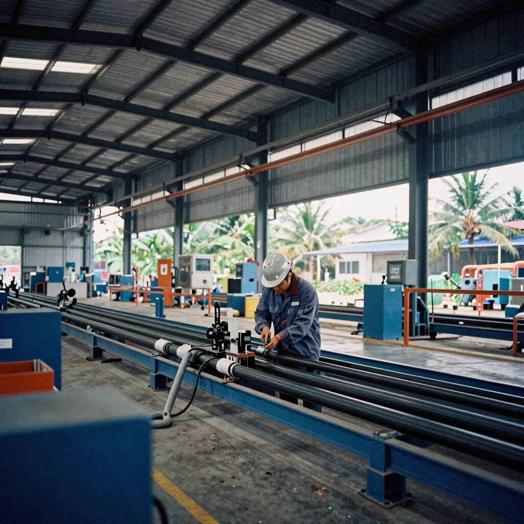 Realistic industrial photography, wide view of a modern Vietnames