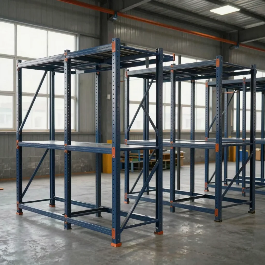 Realistic photograph of several steel storage racks with heavy-du