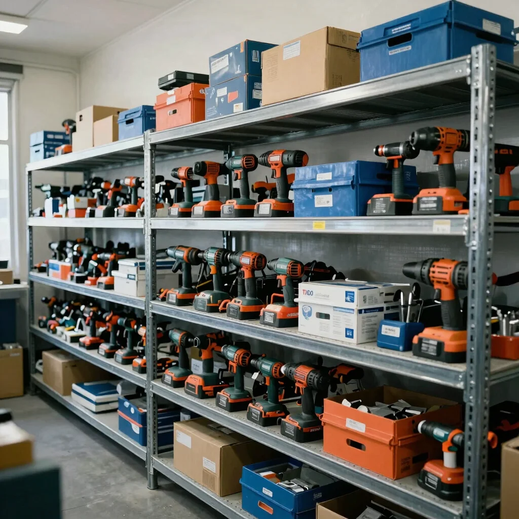 Realistic industrial photo of hand tools, power tools and packagi